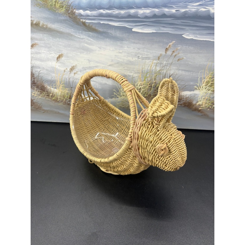Vintage Wicker Bunny Rabbit Easter Basket with Pink Bow and Liner